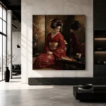 Crimson & Bronze Tea House Japanese Geisha Art Canvas Print - Image 3