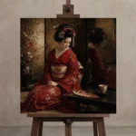 Crimson & Bronze Tea House Japanese Geisha Art Canvas Print displayed on a studio easel