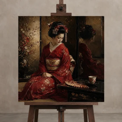 Crimson & Bronze Tea House Japanese Geisha Art Canvas Print shown in Studio Easel