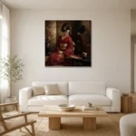Crimson & Bronze Tea House Japanese Geisha Art Canvas Print styled in a refined neutral interior