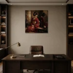 Crimson & Bronze Tea House Japanese Geisha Art Canvas Print displayed in a contemporary gallery-inspired room
