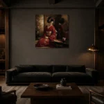 Crimson & Bronze Tea House Japanese Geisha Art Canvas Print shown in a warm modern interior