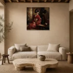 Crimson & Bronze Tea House Japanese Geisha Art Canvas Print presented in a sophisticated home setting