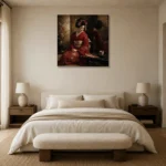 Crimson & Bronze Tea House Japanese Geisha Art Canvas Print showcased in an elegant minimalist interior