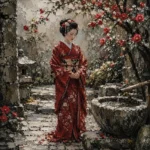 Crimson & Moss Camellia Courtyard Japanese Geisha Art Canvas Print