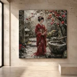Crimson, stone gray, and moss green serene Japanese Geisha Art print for elegant interiors. No text or watermarks in design.