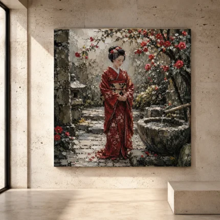 Crimson, stone gray, and moss green serene Japanese Geisha Art print for elegant interiors. No text or watermarks in design.