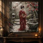 Crimson & Moss Camellia Courtyard Japanese Geisha Art Canvas Print - Image 2