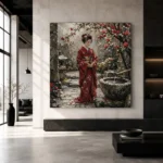 Crimson & Moss Camellia Courtyard Japanese Geisha Art Canvas Print - Image 3