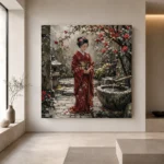 Crimson & Moss Camellia Courtyard Japanese Geisha Art Canvas Print - Image 4