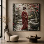 Crimson & Moss Camellia Courtyard Japanese Geisha Art Canvas Print - Image 5