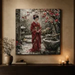 Crimson & Moss Camellia Courtyard Japanese Geisha Art Canvas Print - Image 6