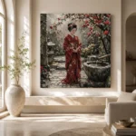 Crimson & Moss Camellia Courtyard Japanese Geisha Art Canvas Print - Image 8