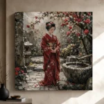 Crimson & Moss Camellia Courtyard Japanese Geisha Art Canvas Print - Image 9
