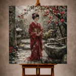 Crimson & Moss Camellia Courtyard Japanese Geisha Art Canvas Print - Image 10