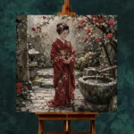 Crimson & Moss Camellia Courtyard Japanese Geisha Art Canvas Print - Image 11