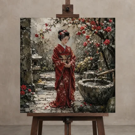 Crimson & Moss Camellia Courtyard Japanese Geisha Art Canvas Print shown in Studio Easel