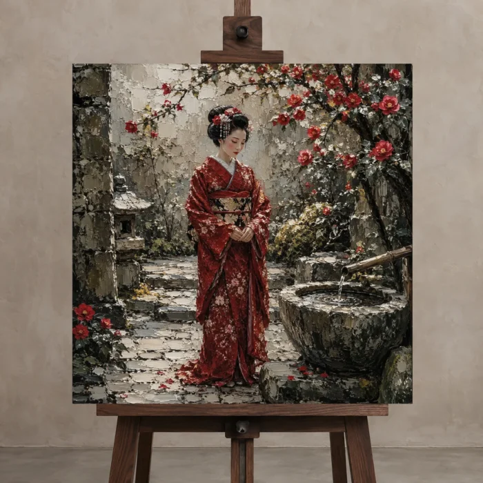 Crimson & Moss Camellia Courtyard Japanese Geisha Art Canvas Print displayed on a studio easel