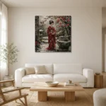 Crimson & Moss Camellia Courtyard Japanese Geisha Art Canvas Print styled in a refined neutral interior