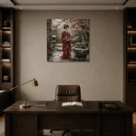 Crimson & Moss Camellia Courtyard Japanese Geisha Art Canvas Print displayed in a contemporary gallery-inspired room