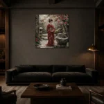 Crimson & Moss Camellia Courtyard Japanese Geisha Art Canvas Print shown in a warm modern interior