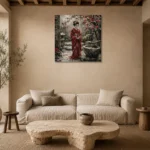 Crimson & Moss Camellia Courtyard Japanese Geisha Art Canvas Print presented in a sophisticated home setting
