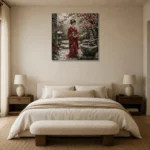 Crimson & Moss Camellia Courtyard Japanese Geisha Art Canvas Print showcased in an elegant minimalist interior