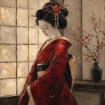 Crimson & Ivory Shoji Screen Japanese Geisha Art Canvas Print