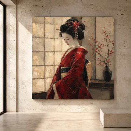 Crimson and ivory contemplative Japanese Geisha Art print for elegant interiors. No text or watermarks in design.