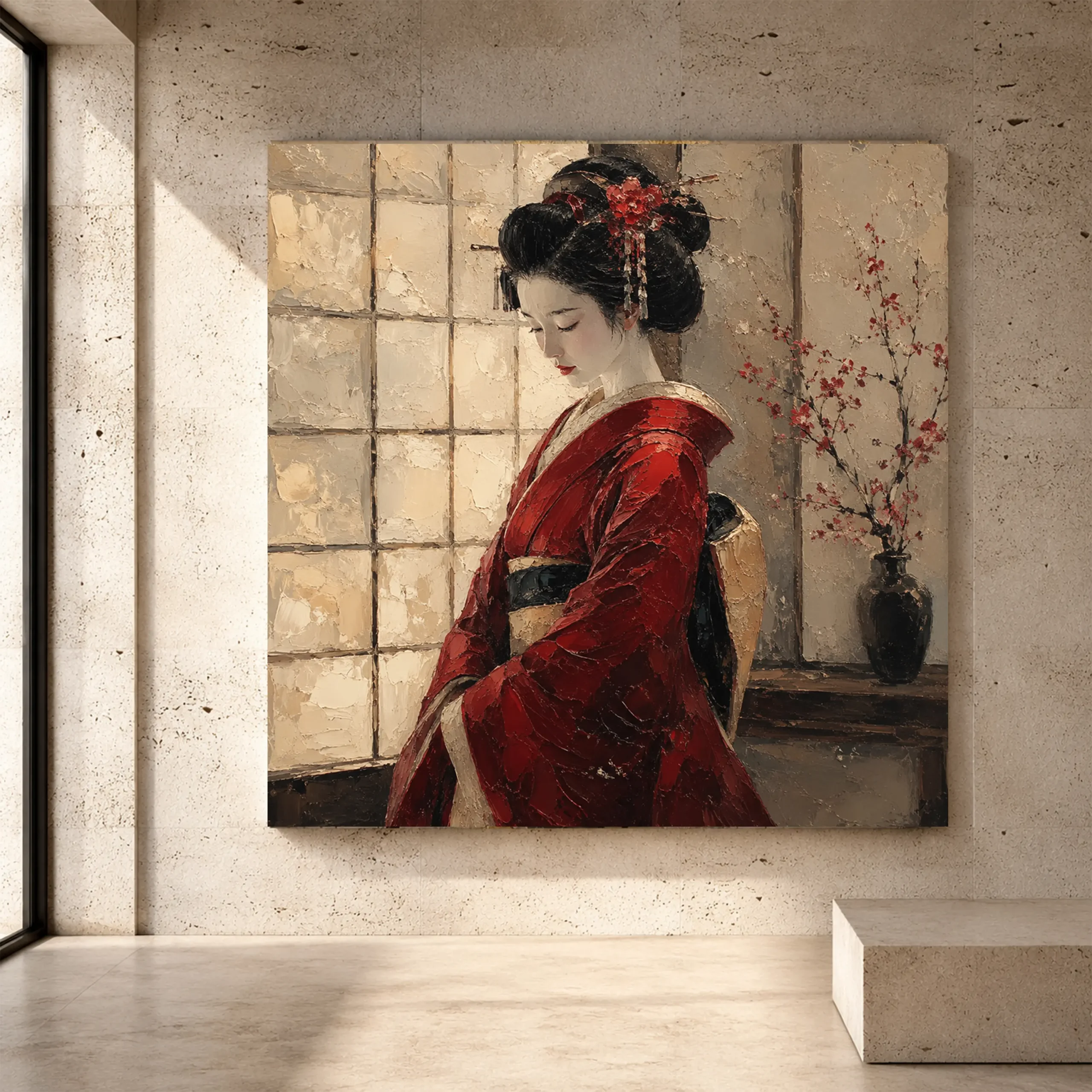 Premium Wall Art Kare Html Edition – GYSHA038 Image 1 Crimson and ivory contemplative Japanese Geisha Art print for elegant interiors. No text or watermarks in design.