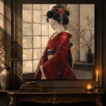 Crimson & Ivory Shoji Screen Japanese Geisha Art Canvas Print - Image 2
