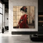 Crimson & Ivory Shoji Screen Japanese Geisha Art Canvas Print - Image 3