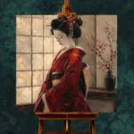 Crimson & Ivory Shoji Screen Japanese Geisha Art Canvas Print - Image 11
