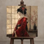 Crimson & Ivory Shoji Screen Japanese Geisha Art Canvas Print displayed on a studio easel