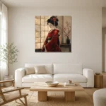 Crimson & Ivory Shoji Screen Japanese Geisha Art Canvas Print styled in a refined neutral interior