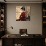 Crimson & Ivory Shoji Screen Japanese Geisha Art Canvas Print displayed in a contemporary gallery-inspired room