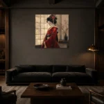 Crimson & Ivory Shoji Screen Japanese Geisha Art Canvas Print shown in a warm modern interior