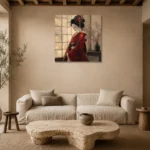Crimson & Ivory Shoji Screen Japanese Geisha Art Canvas Print presented in a sophisticated home setting