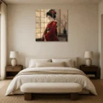 Crimson & Ivory Shoji Screen Japanese Geisha Art Canvas Print showcased in an elegant minimalist interior