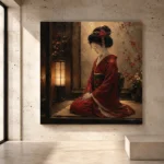 Crimson and amber intimate Japanese Geisha Art print for elegant interiors. No text or watermarks in design.