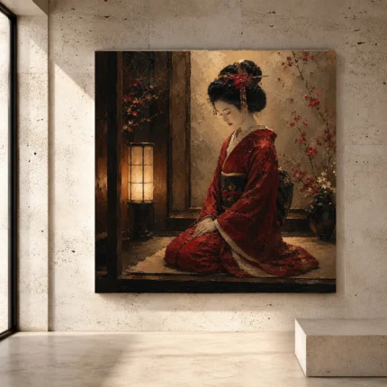 Crimson and amber intimate Japanese Geisha Art print for elegant interiors. No text or watermarks in design.