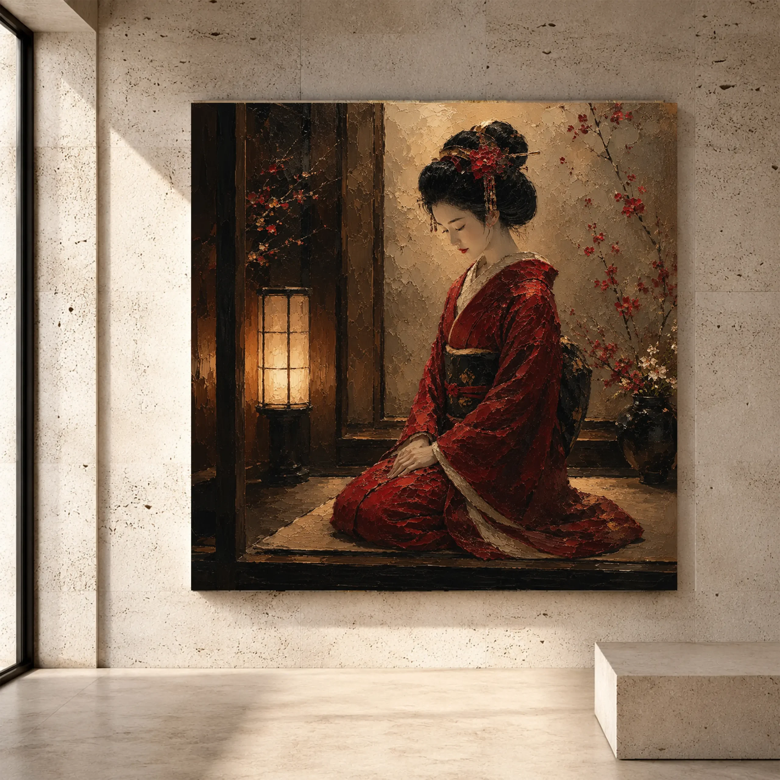 Premium Wall Art Kare Html Edition – GYSHA039 Image 1 Crimson and amber intimate Japanese Geisha Art print for elegant interiors. No text or watermarks in design.