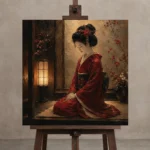 Crimson & Amber Lantern Alcove Japanese Geisha Art Canvas Print displayed on a studio easel