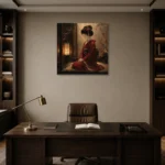 Crimson & Amber Lantern Alcove Japanese Geisha Art Canvas Print displayed in a contemporary gallery-inspired room