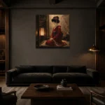 Crimson & Amber Lantern Alcove Japanese Geisha Art Canvas Print shown in a warm modern interior