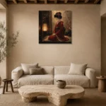 Crimson & Amber Lantern Alcove Japanese Geisha Art Canvas Print presented in a sophisticated home setting