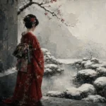 Crimson & Silver Winter Zen Garden Japanese Geisha Art Canvas Print