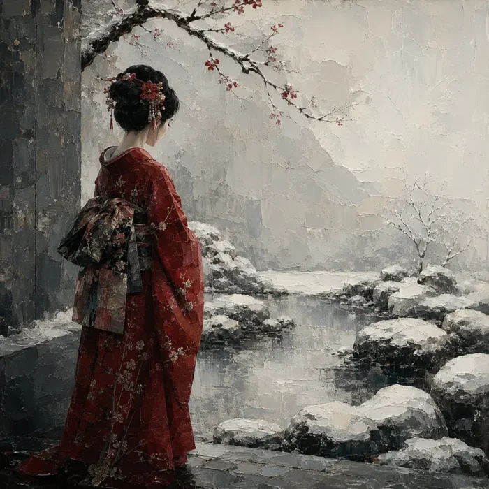 Crimson & Silver Winter Zen Garden Japanese Geisha Art Canvas Print