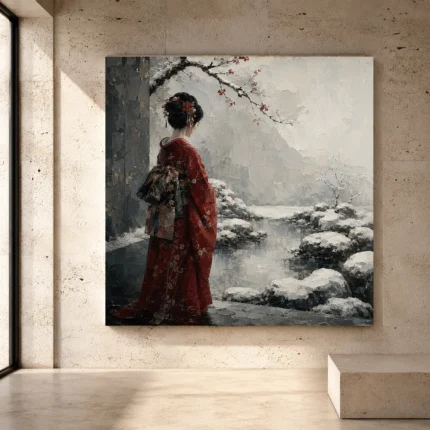 Crimson, cool gray, and silver poetic winter Japanese Geisha Art print for elegant interiors. No text or watermarks in design.