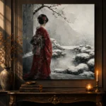 Crimson & Silver Winter Zen Garden Japanese Geisha Art Canvas Print - Image 2